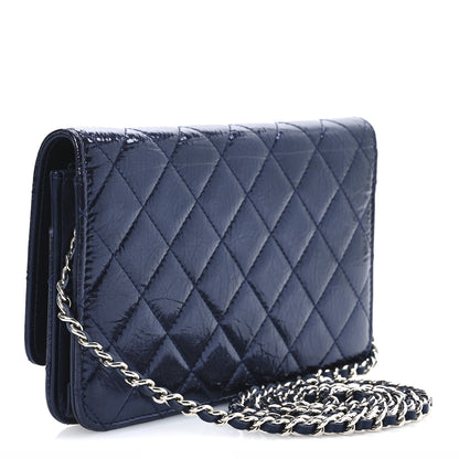 Chanel Patent Metallic Crumpled Calfskin Quilted Wallet On Chain WOC Navy 3 of 11