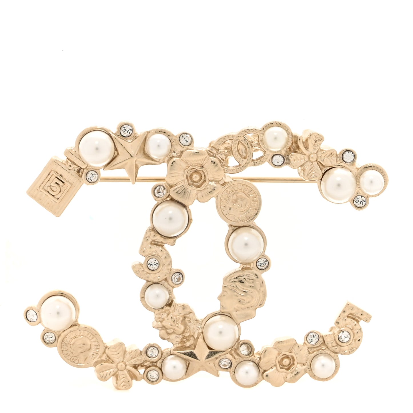 Crystal Pearl CC Charms Brooch Gold