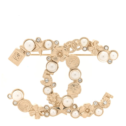 Chanel Crystal Pearl CC Charms Brooch Gold 1 of 4