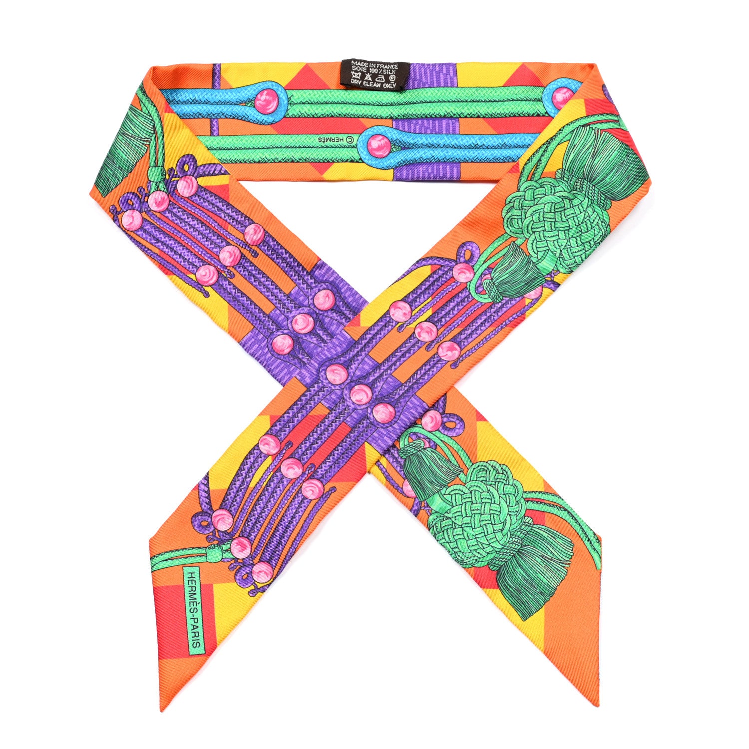 Hermes Silk Brandebourgs Twilly Orange Bouton D'Or Violet 1 of 4
