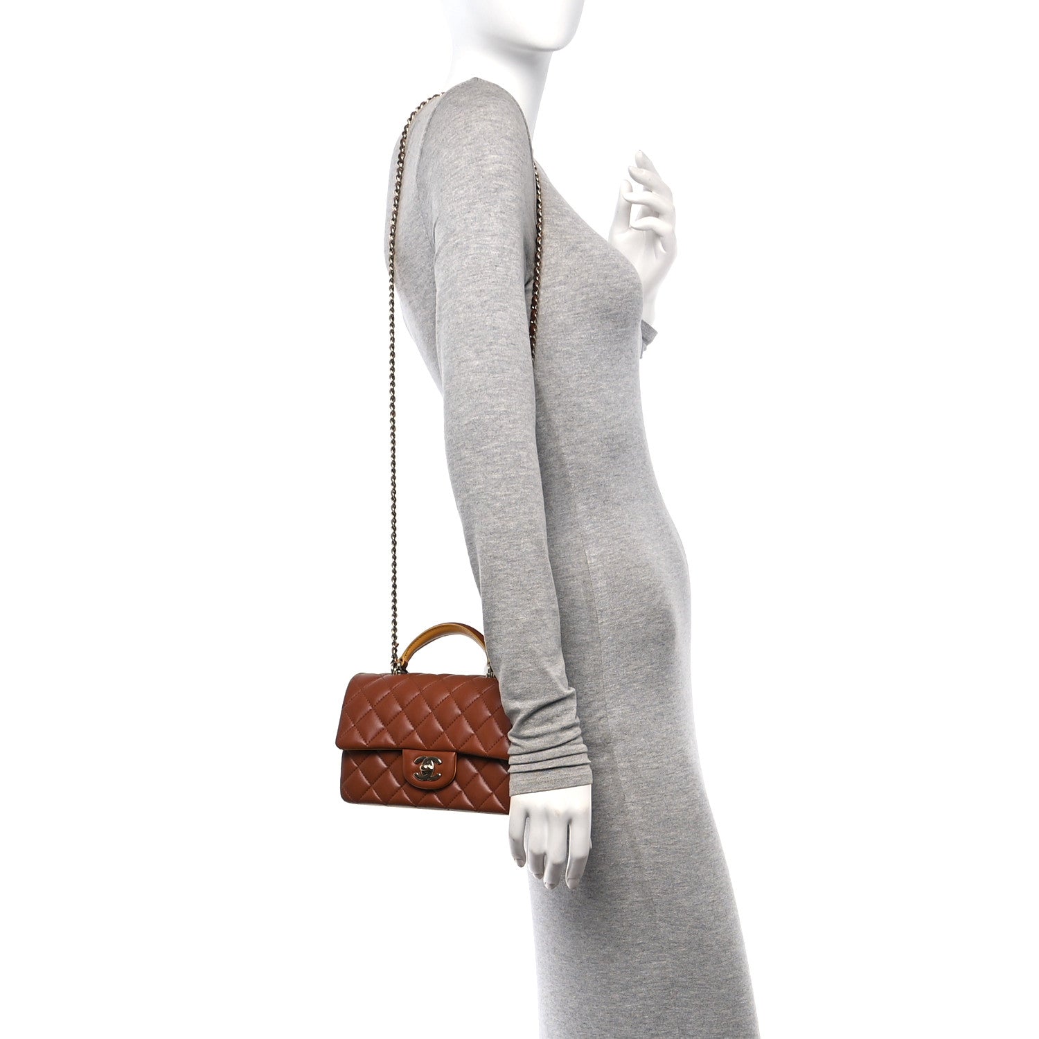 Chanel Lambskin Quilted Bi-Color Mini Top Handle Rectangular Flap Light Brown Yellow 2 of 12