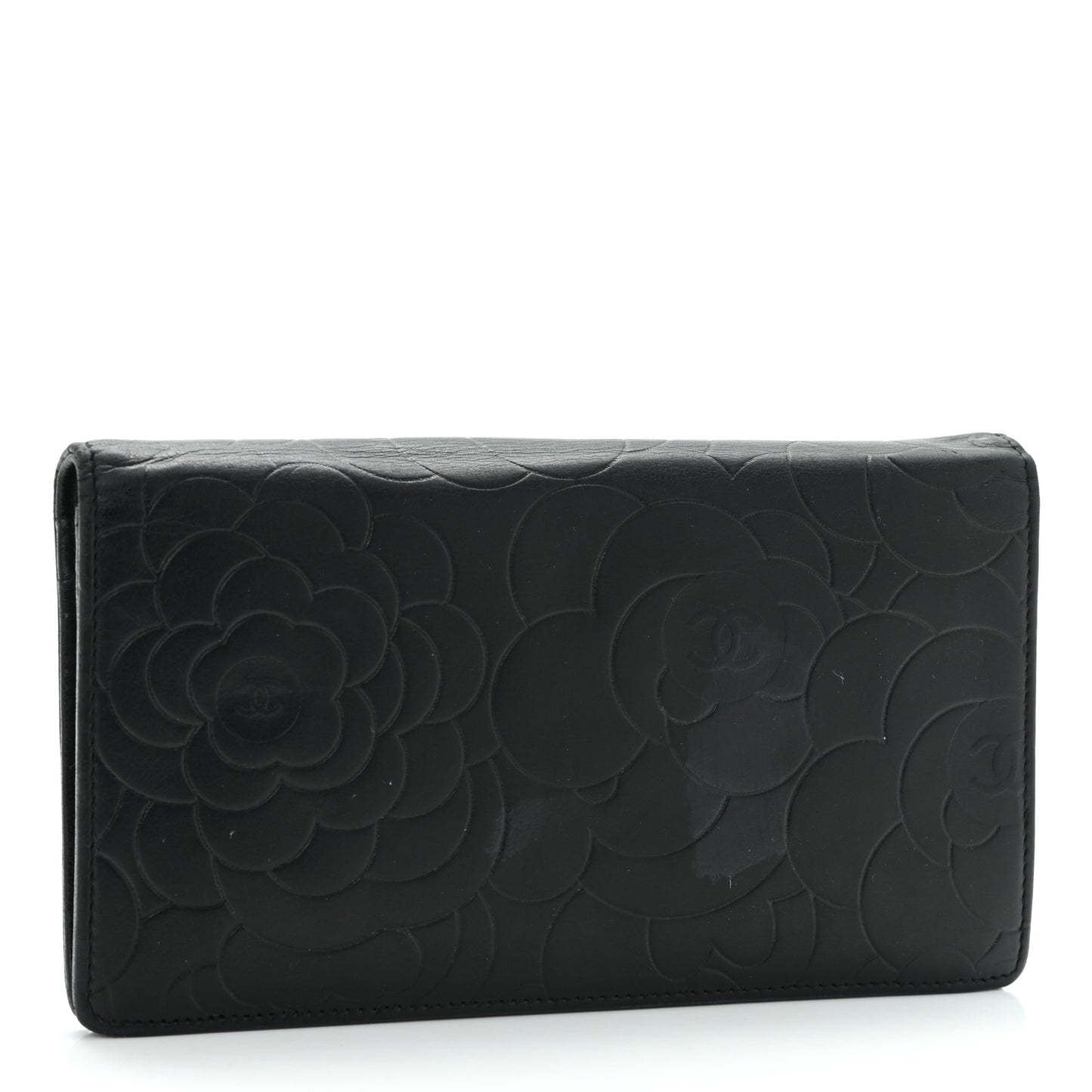 Lambskin Camellia Embossed Yen Wallet Black