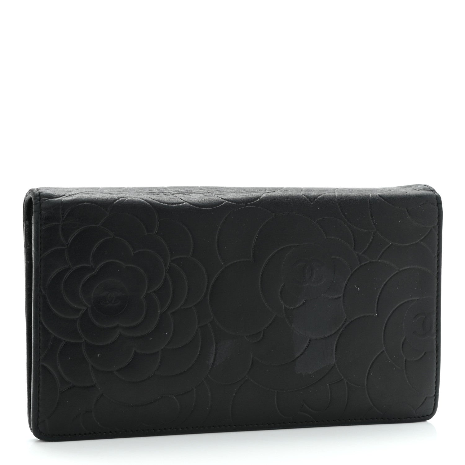 Chanel Lambskin Camellia Embossed Yen Wallet Black 4 of 11