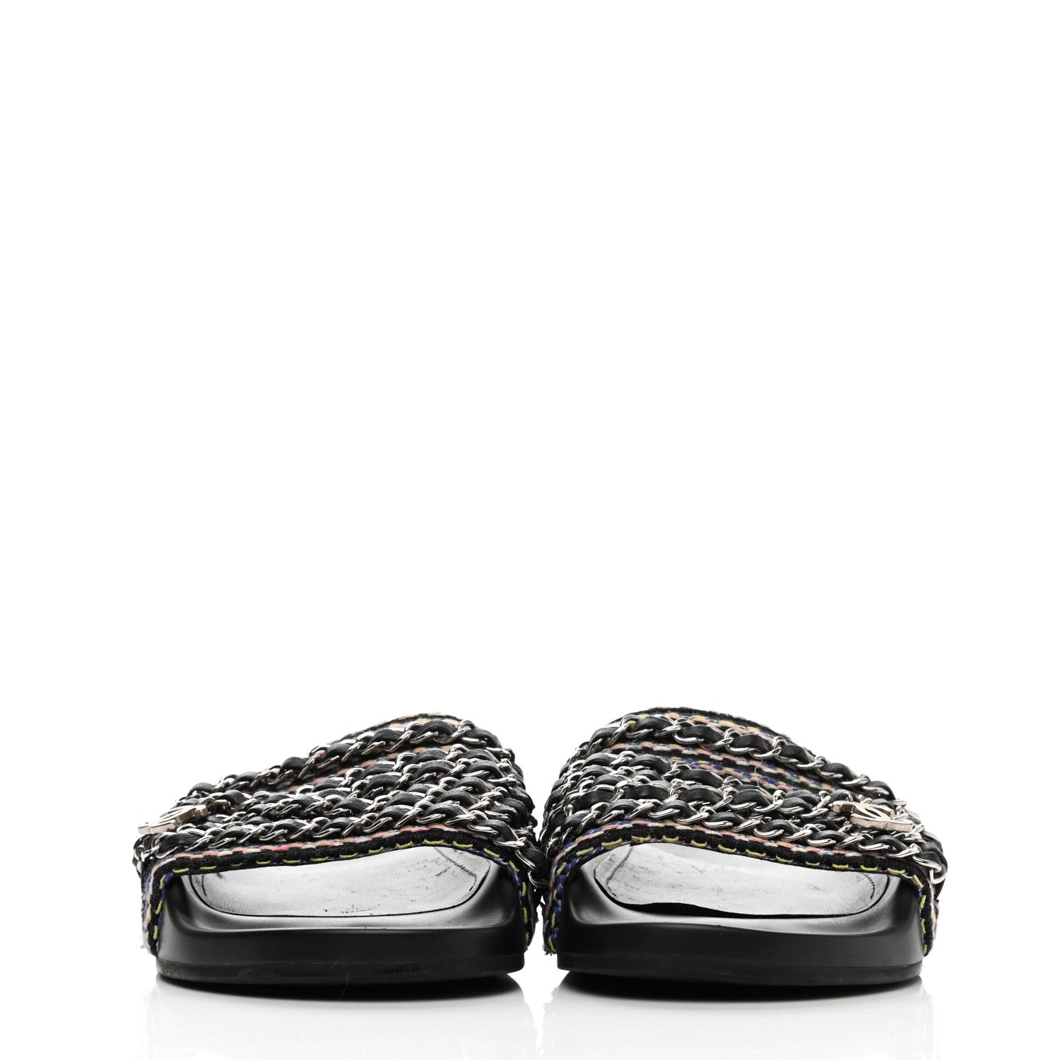 Chanel Tweed Lambskin Chain Flat Sandals 35 Black Multicolor 2 of 14