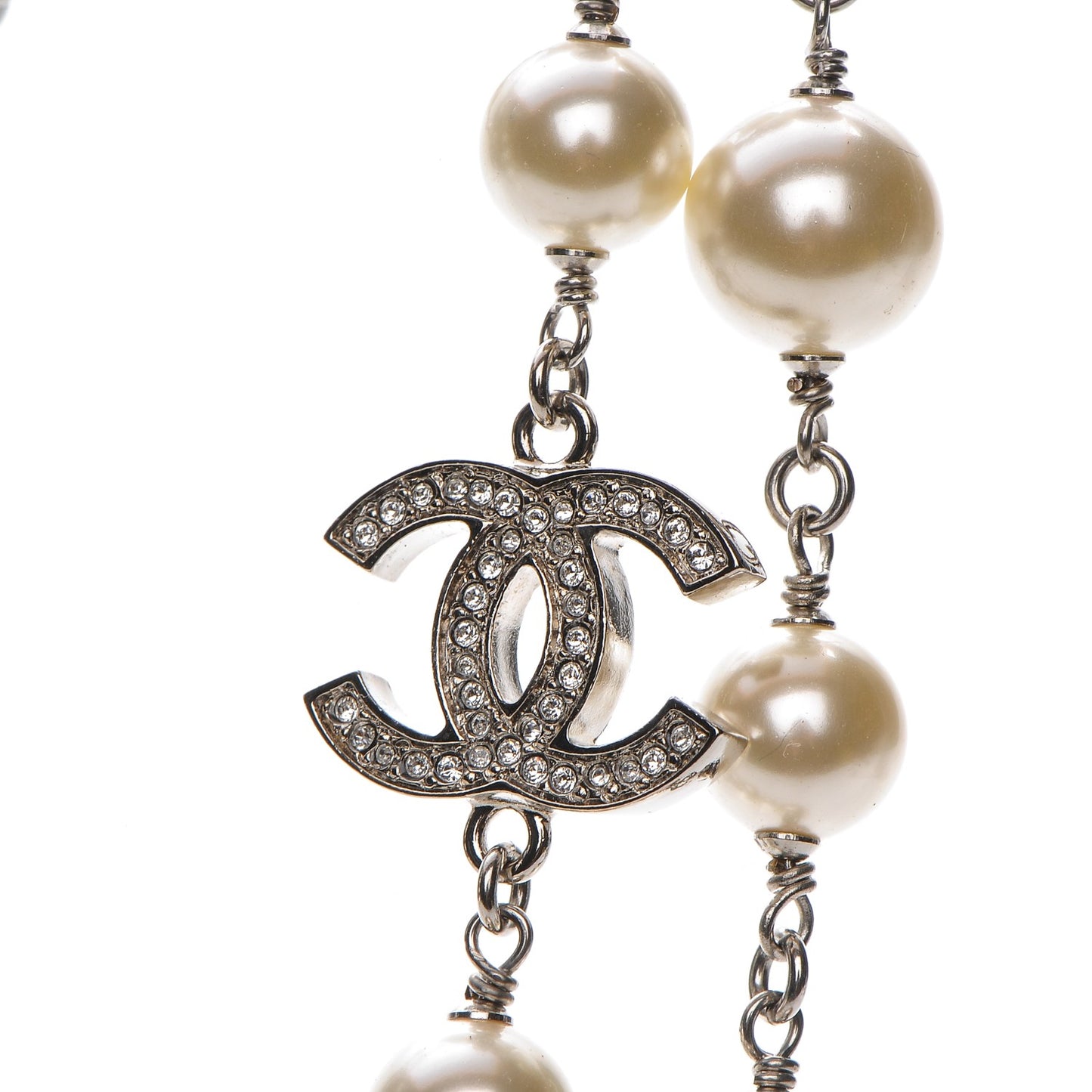 Crystal Pearl CC Long Necklace Silver