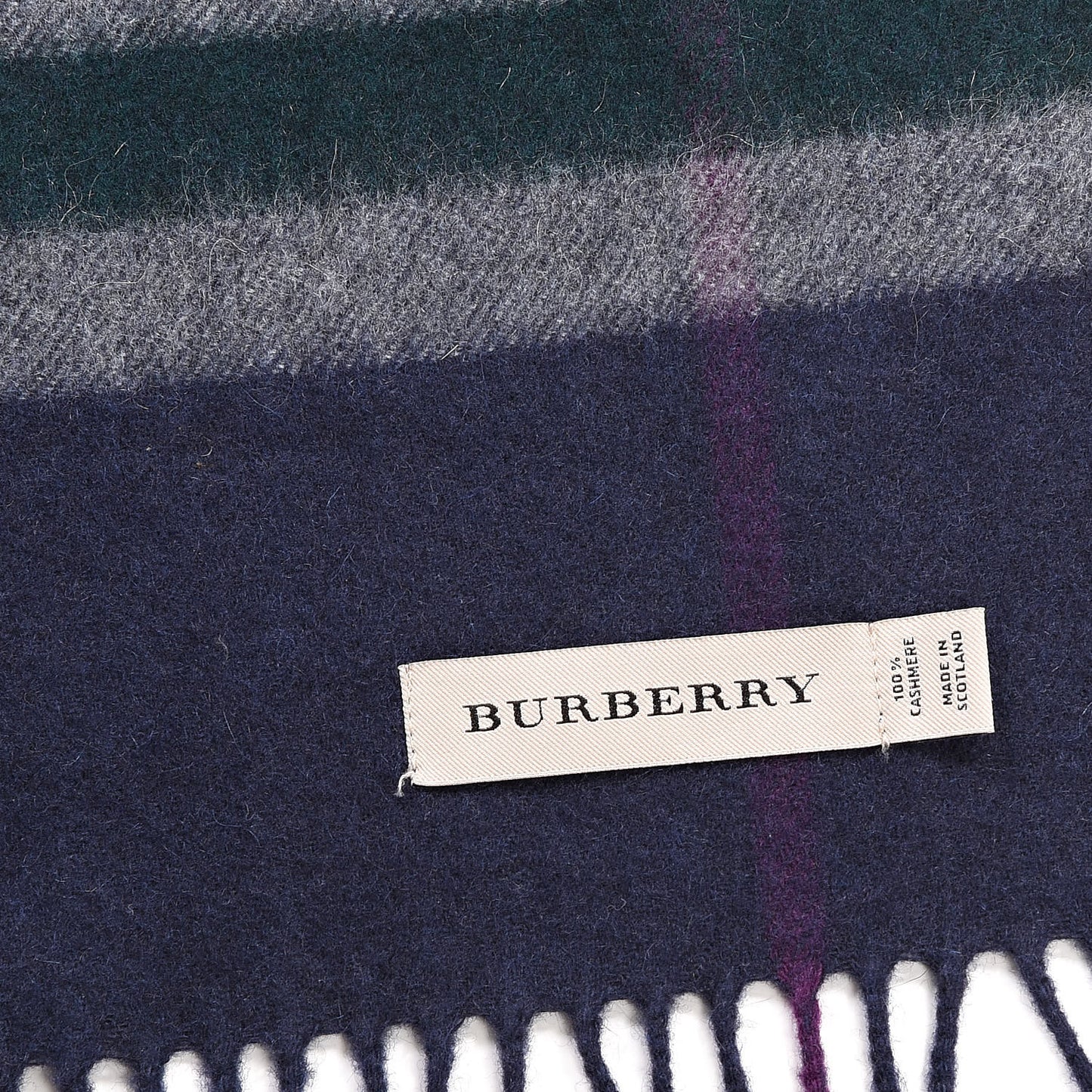 Cashmere Giant Check Fringe Scarf Navy