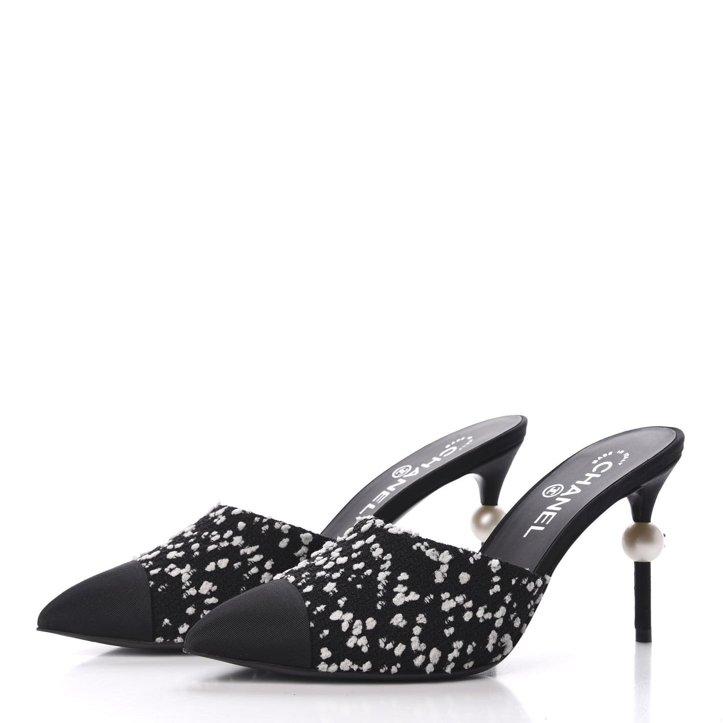 Tweed Grosgrain Pearl Mules 38.5 Black White