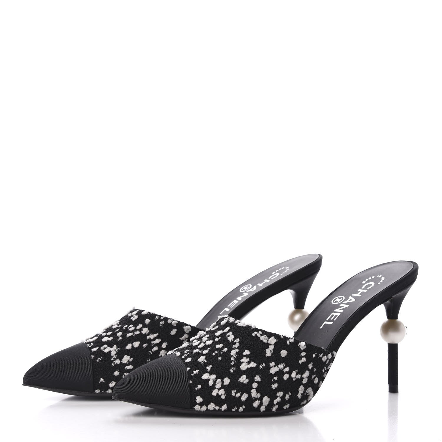 Chanel Tweed Grosgrain Pearl Mules 38.5 Black White 2 of 9