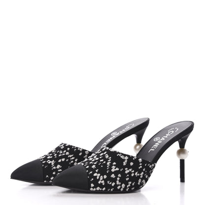 Chanel Tweed Grosgrain Pearl Mules 38.5 Black White 2 of 9