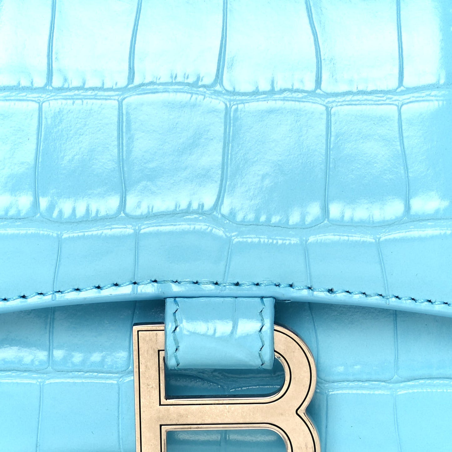 Shiny Calfskin Crocodile Embossed Hourglass Top Handle Bag XS Azur