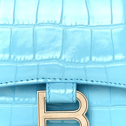 Balenciaga Shiny Calfskin Crocodile Embossed Hourglass Top Handle Bag XS Azur 7 of 9