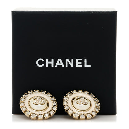 Chanel Metal Pearl Crystal CC Round Earrings Light Gold 3 of 5
