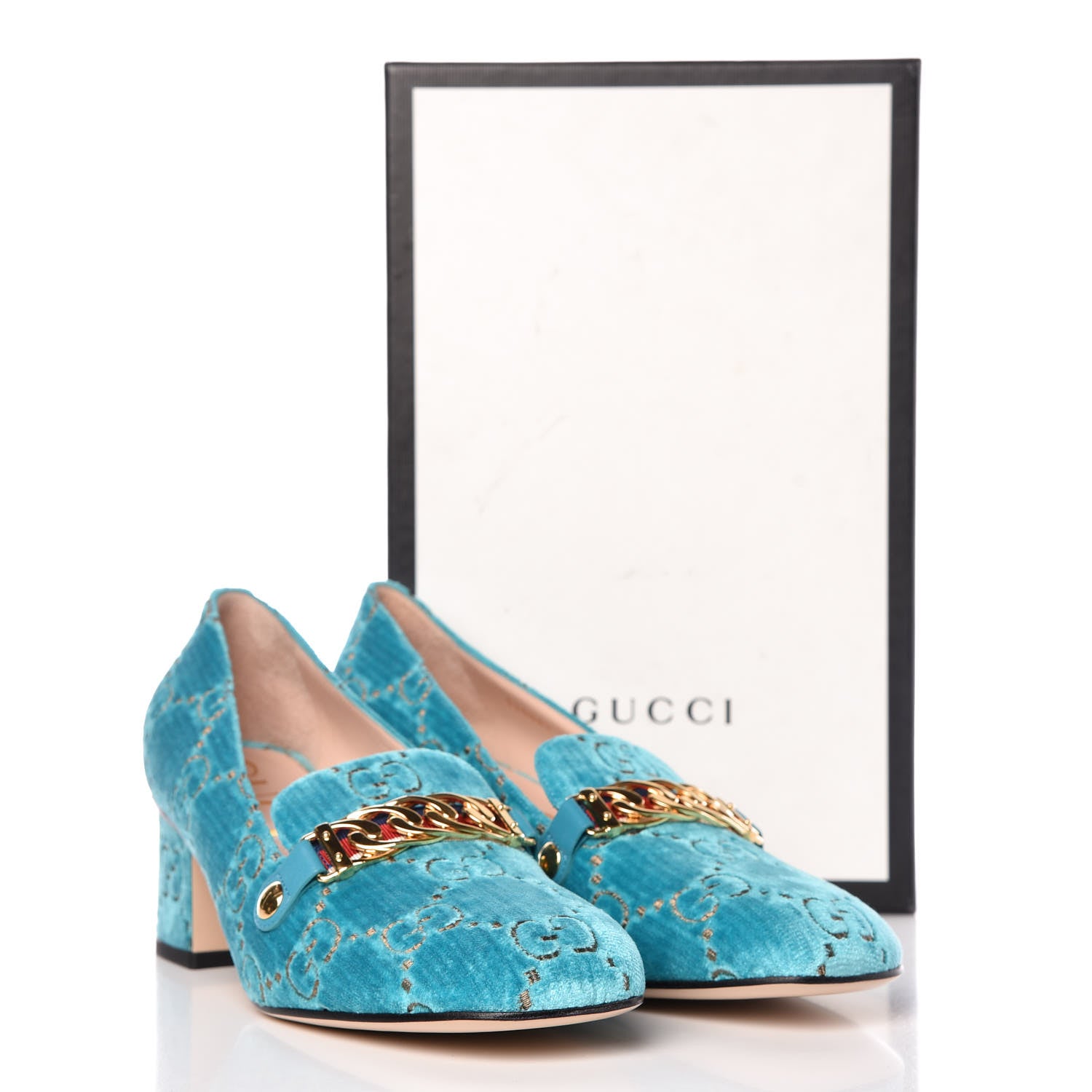 Gucci Velvet GG Monogram Sylvie Web Chain Mid Heel Loafers 40.5 Turchese Beige 10 of 10