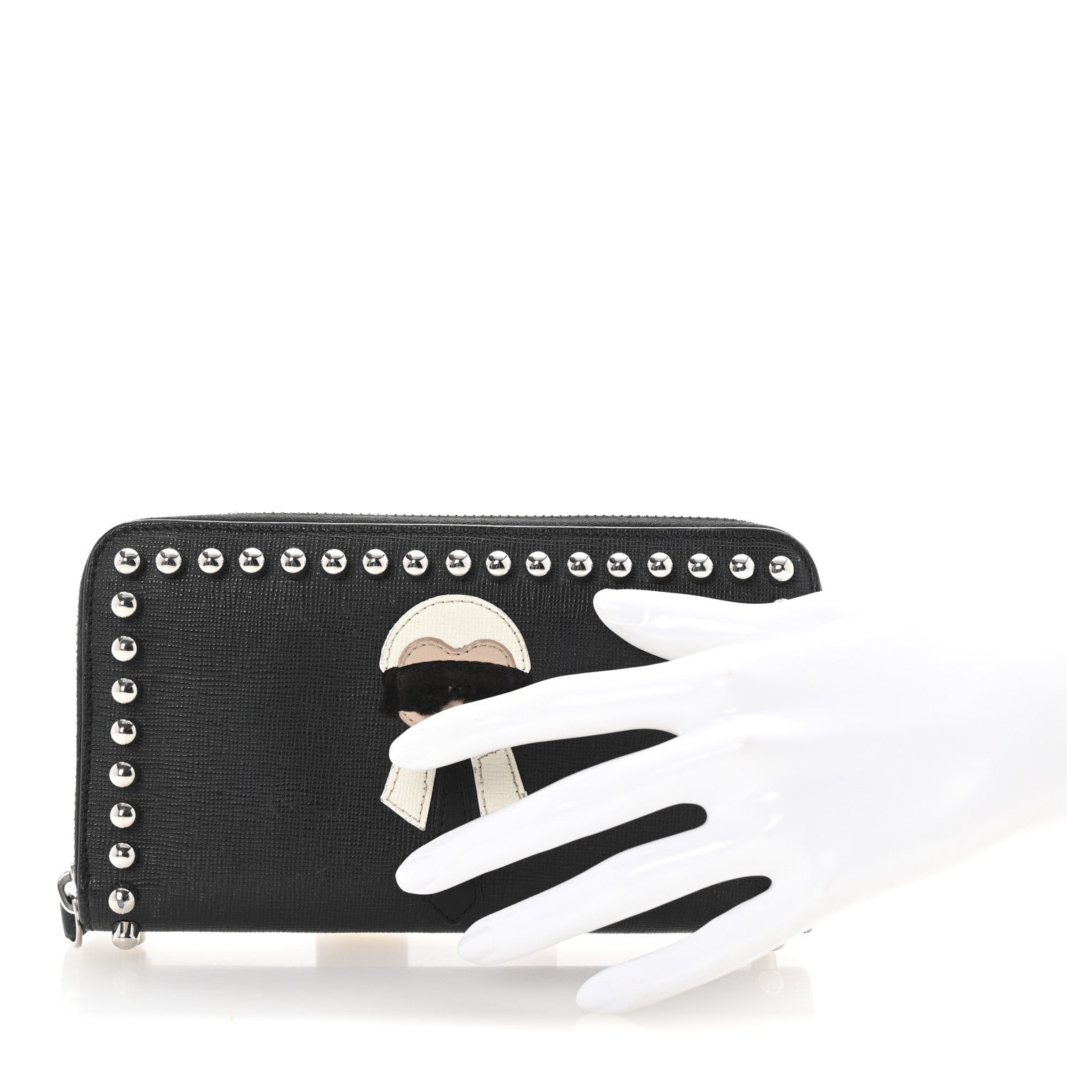 Fendi Vitello Elite Mink Fur Studded Karlito Zip Around Wallet Black 2 of 8