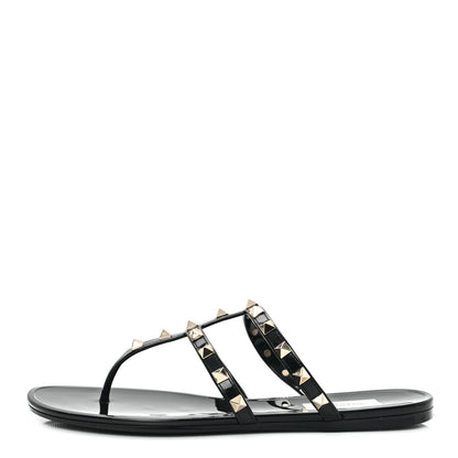 Valentino Garavani PVC Jelly Rockstud Caged Flat Thong Sandals 38 Black 1 of 8