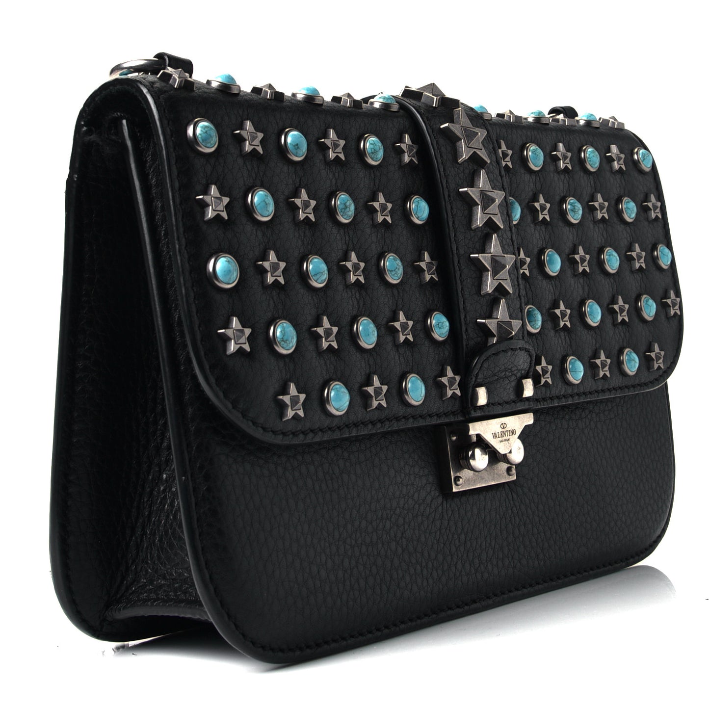 Pebbled Calfskin Star Studded Medium Lock Flap Black