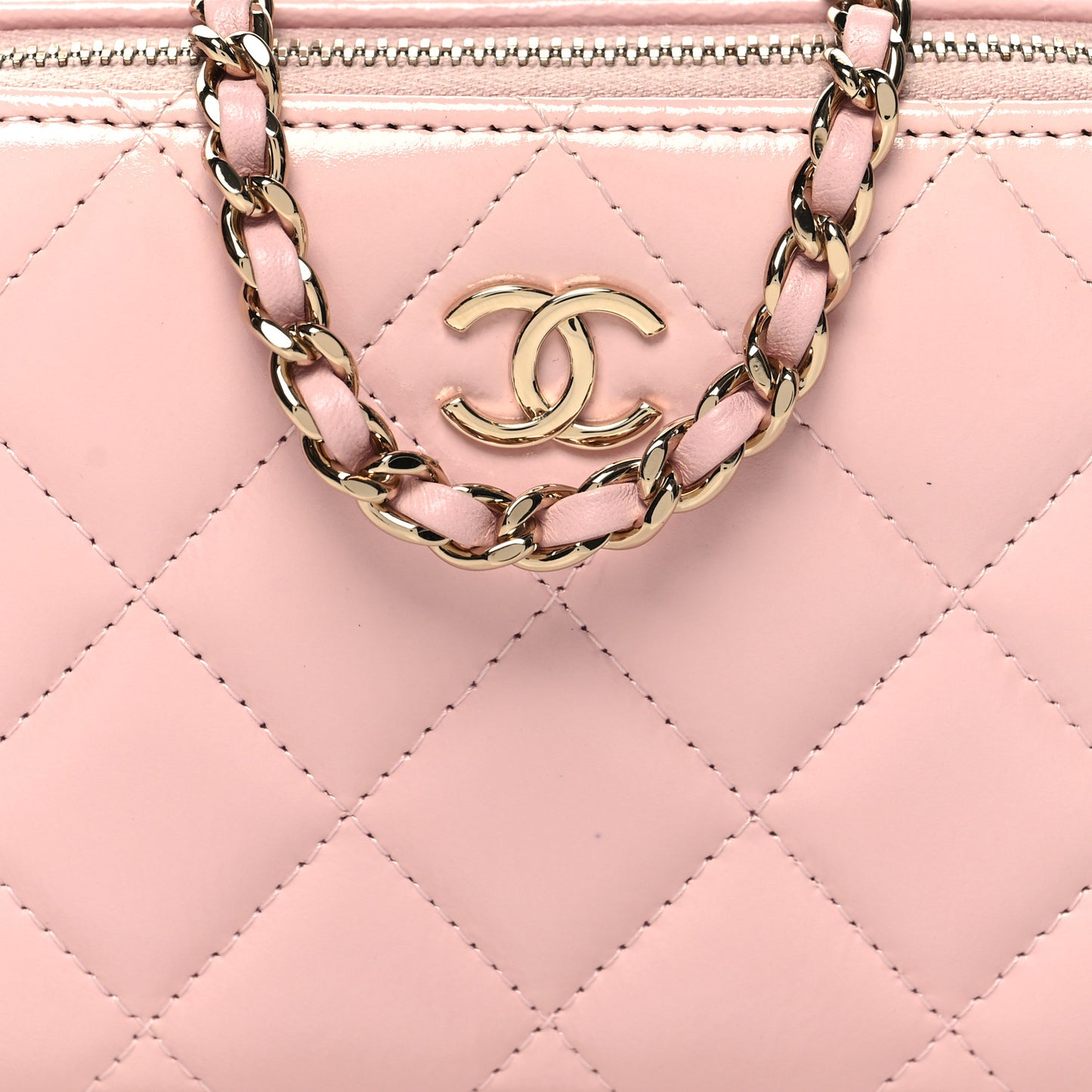 Glazed Calfskin Quilted Small Top Handle Vanity Case Light Pink