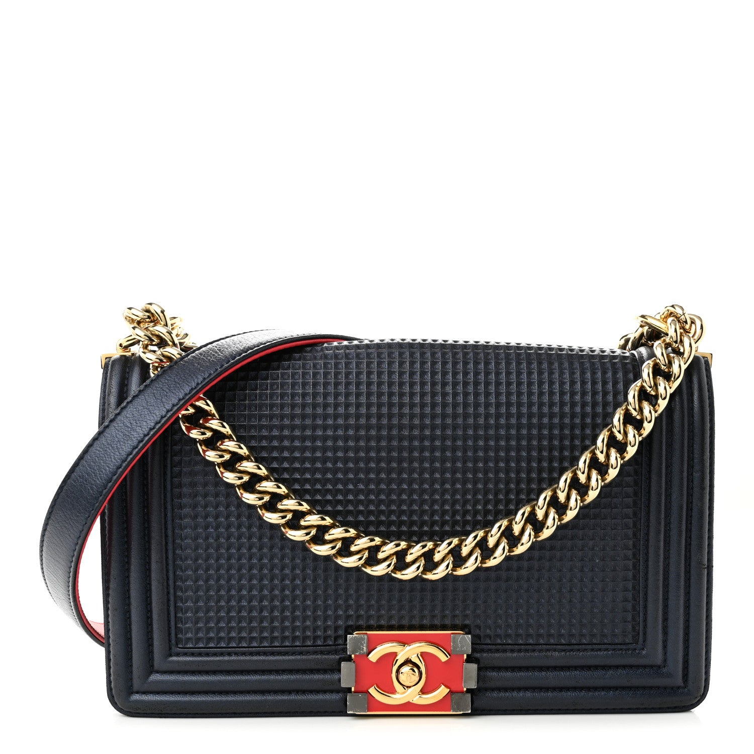 Chanel Lambskin Embossed Medium Boy Cube Flap Navy 1 of 11