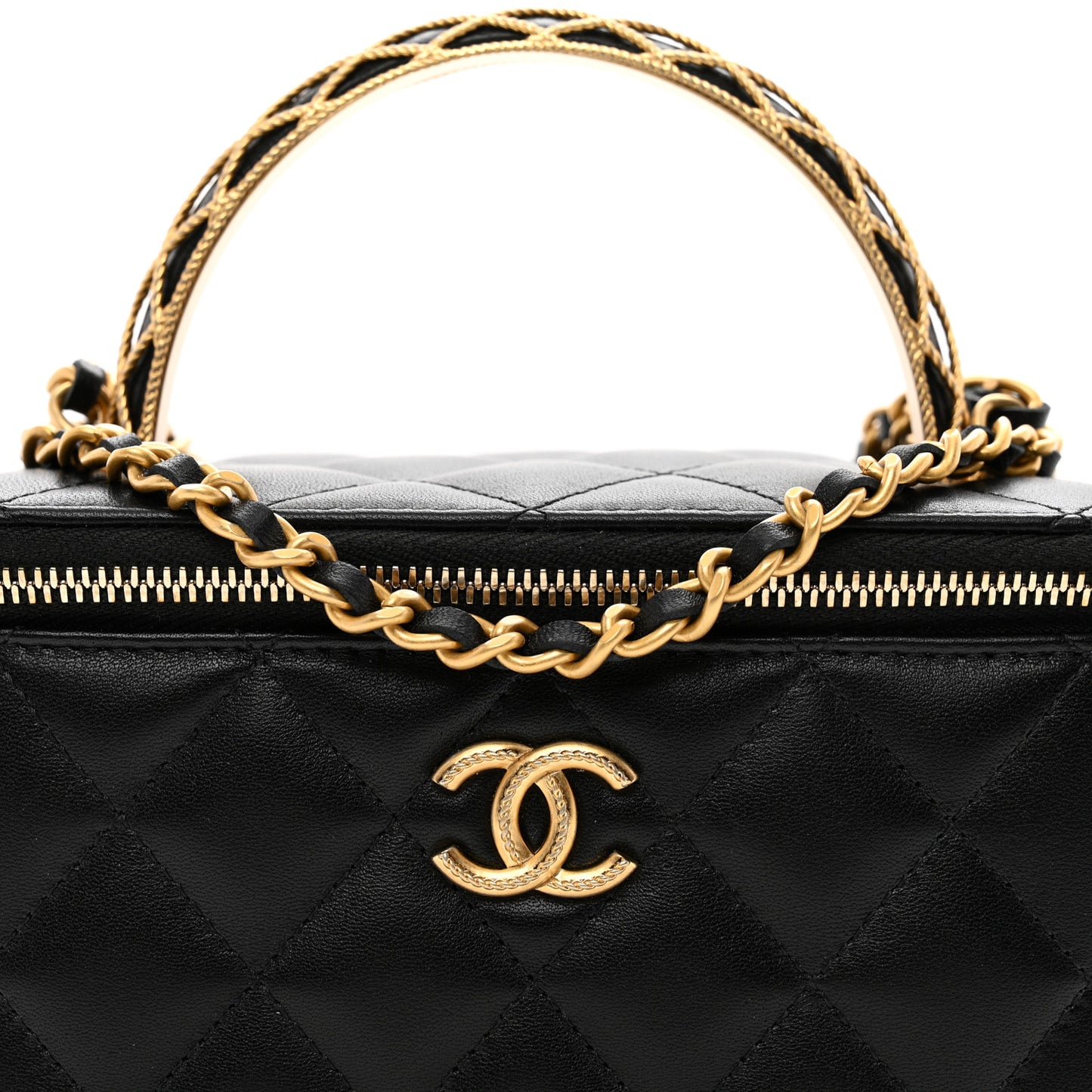 Lambskin Quilted Metal Twist Small Top Handle Vanity Case With Chain Black