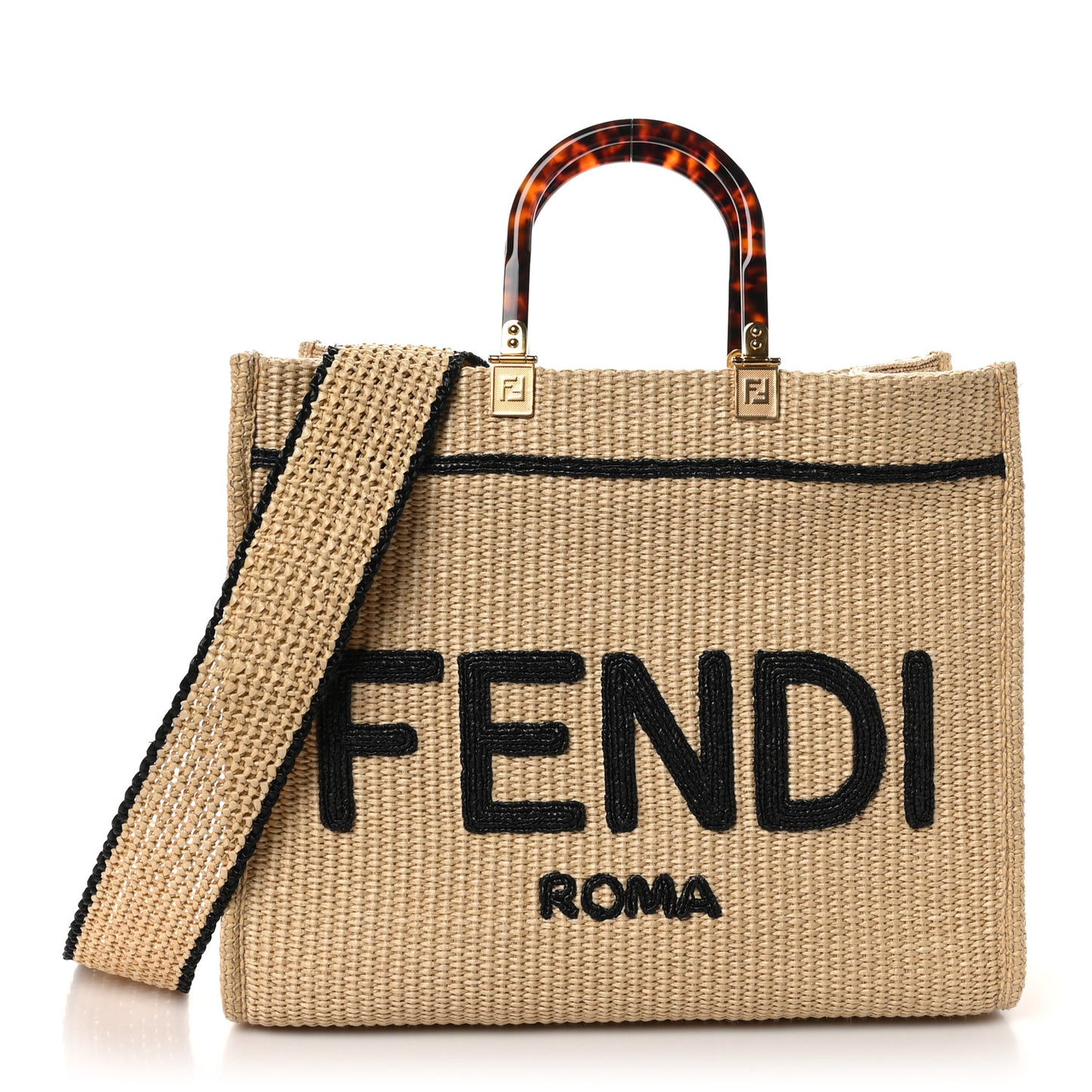 Straw Vitello King Plexiglass Woven Medium Fendi Sunshine Shopper Tote Natural Black