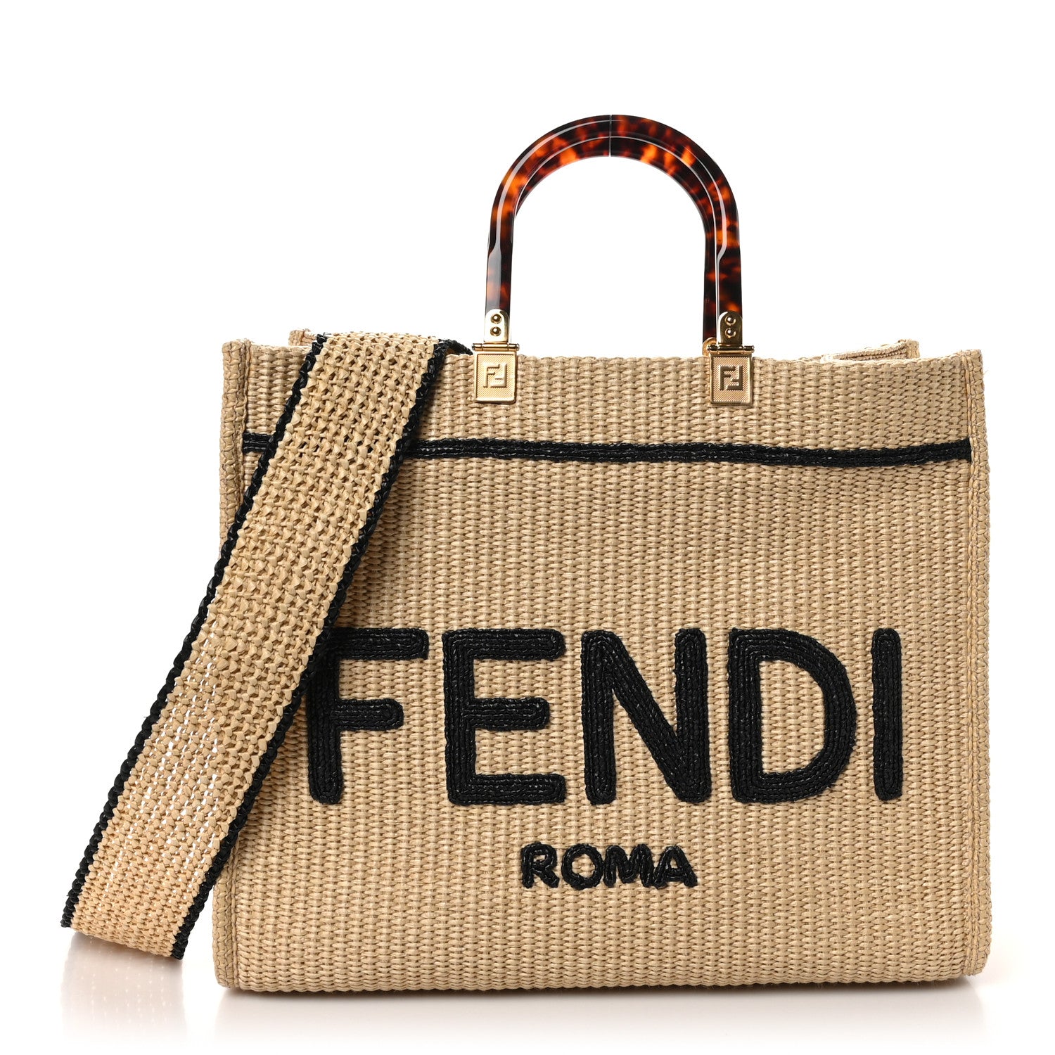 Fendi Straw Vitello King Plexiglass Woven Medium Fendi Sunshine Shopper Tote Natural Black 1 of 10