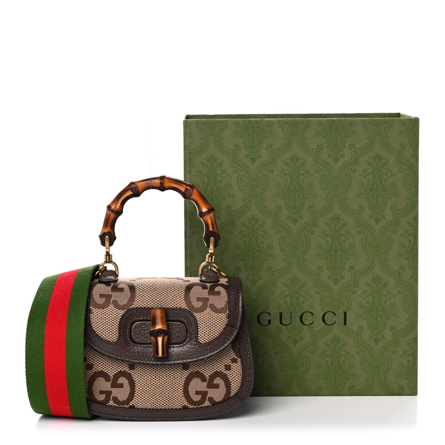 Gucci Monogram Jumbo GG Textured Dollar Calfskin Web Mini Bamboo 1947 Top Handle Bag Camel Ebony New Acero 10 of 10