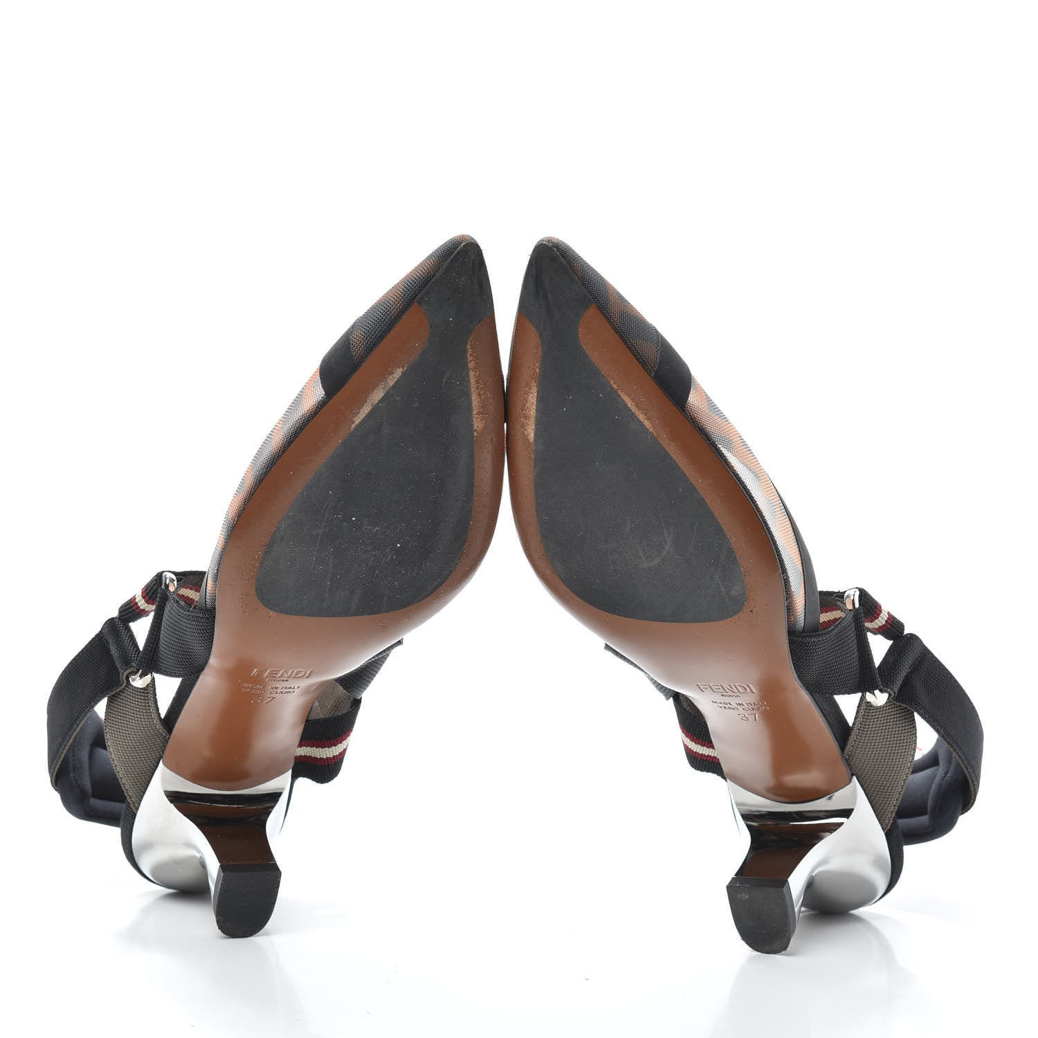 Fendi Technical Mesh FF Colibri 55mm Slingback Pumps 37 Tobacco Moro Bordeaux Black Militare 7 of 7