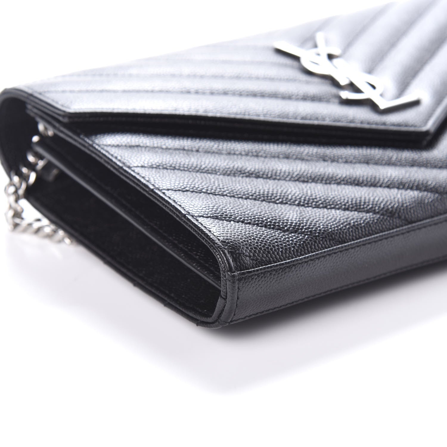 Saint Laurent Grain De Poudre Matelasse Chevron Monogram Chain Wallet Black 7 of 8