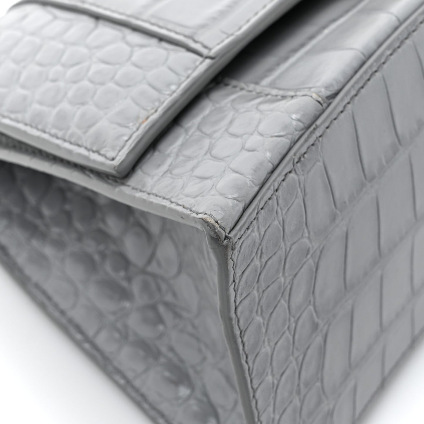 Shiny Calfskin Crocodile Embossed Small Hourglass Top Handle Bag Balenciaga Grey