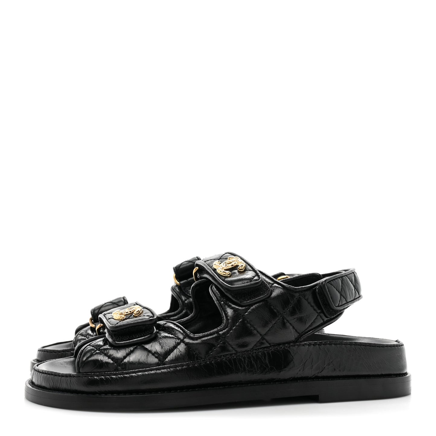 Crumpled Shiny Lambskin Velcro Dad Sandals 36 Black