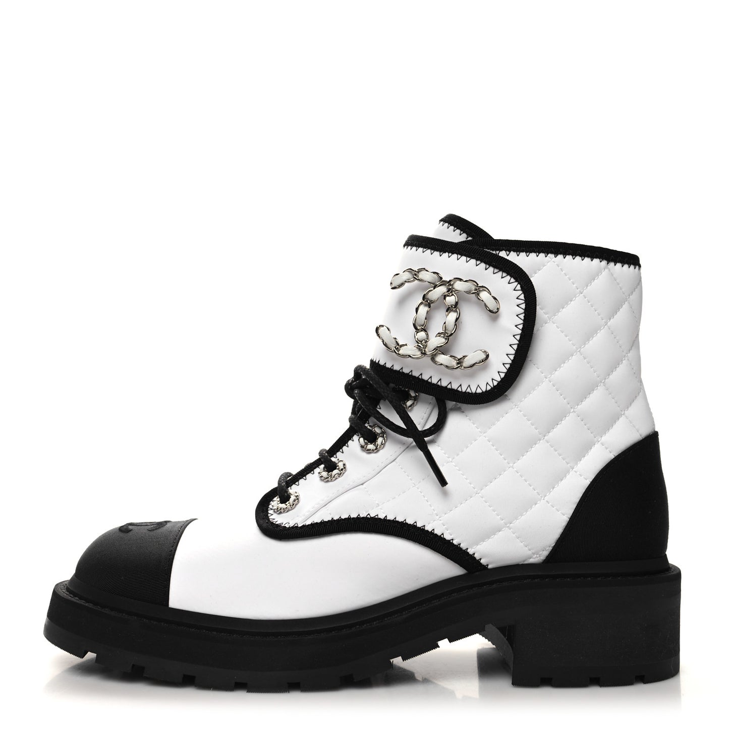 Fabric Grosgrain Quilted Cap Toe Lace Up Combat Boots 39.5 White Black