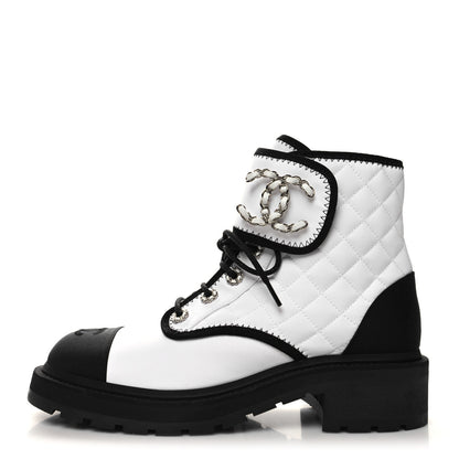 Chanel Fabric Grosgrain Quilted Cap Toe Lace Up Combat Boots 39.5 White Black 1 of 7