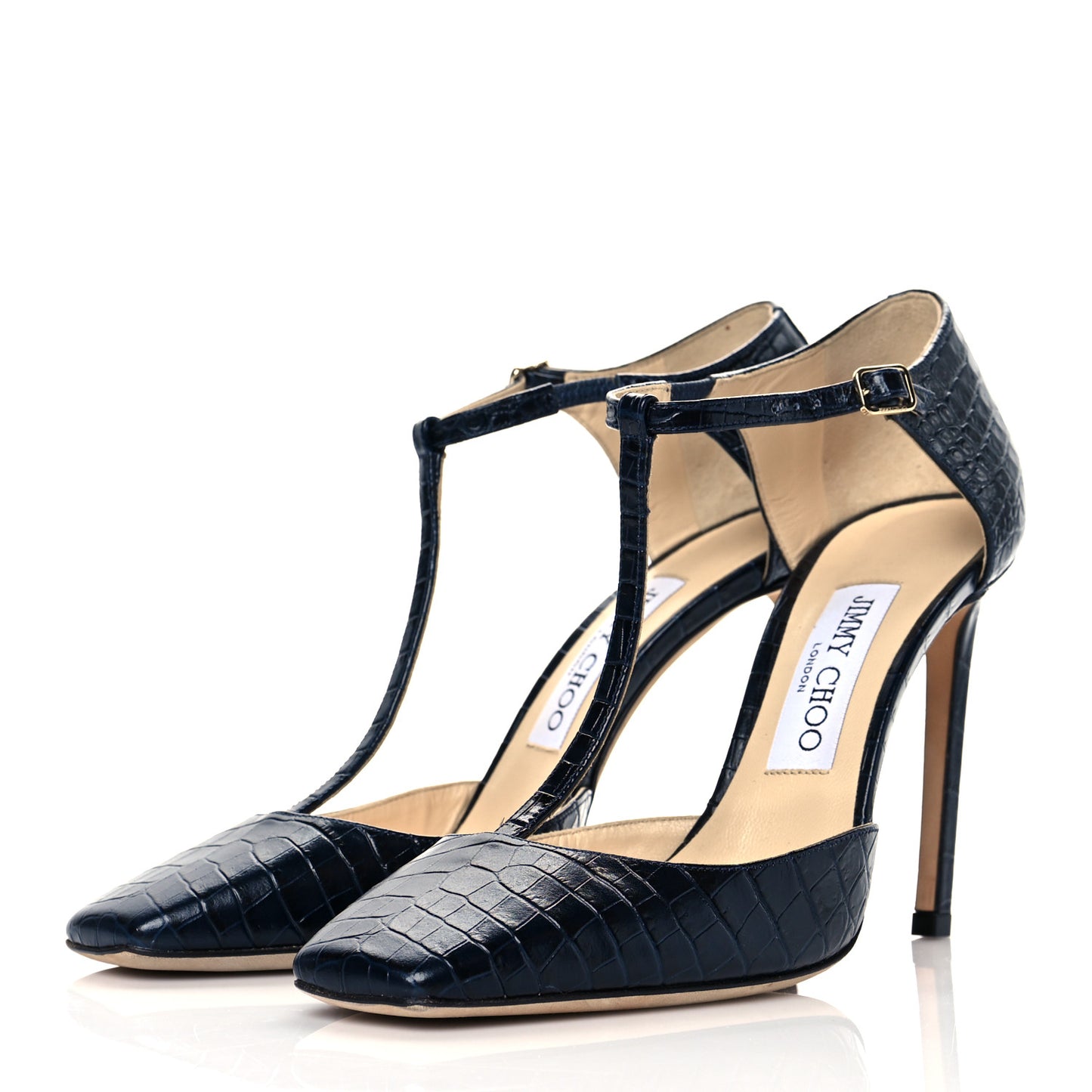 Crocodile Embossed Calfskin Lexica T- Strap 100 Pumps 37.5 Navy