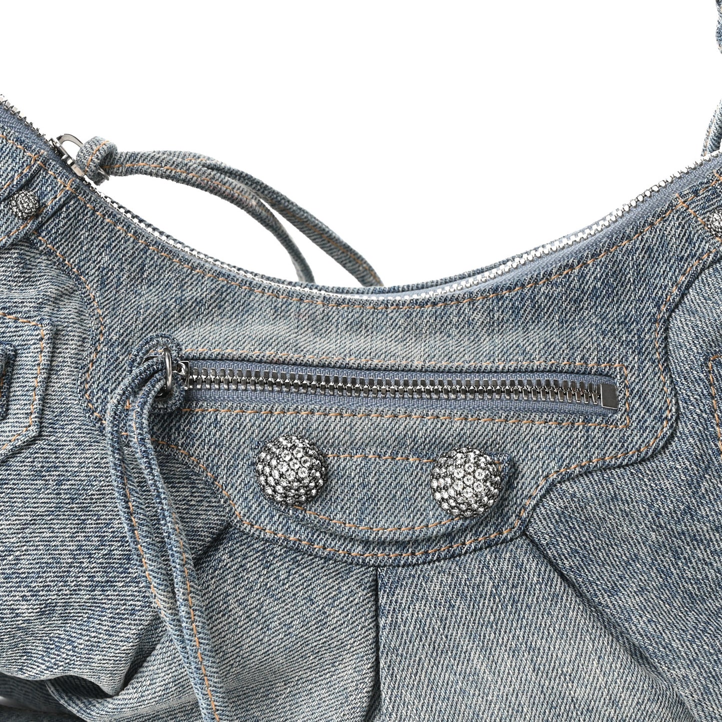 Washed Frayed Denim Crystal Small Le Cagole Shoulder Bag Blue