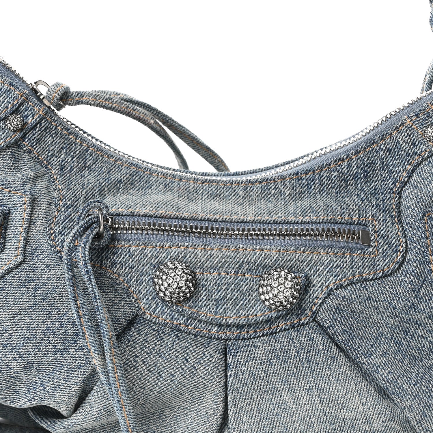 Balenciaga Washed Frayed Denim Crystal Small Le Cagole Shoulder Bag Blue 9 of 11