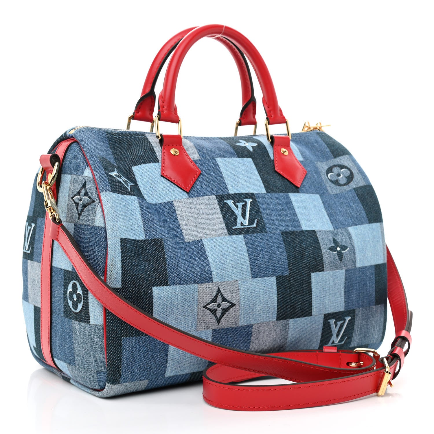 Louis Vuitton Denim Damier Monogram Patchwork Speedy Bandouliere 30 Blue Rouge 3 of 8