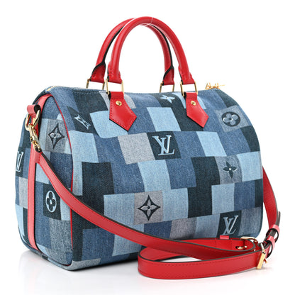 Louis Vuitton Denim Damier Monogram Patchwork Speedy Bandouliere 30 Blue Rouge 3 of 8