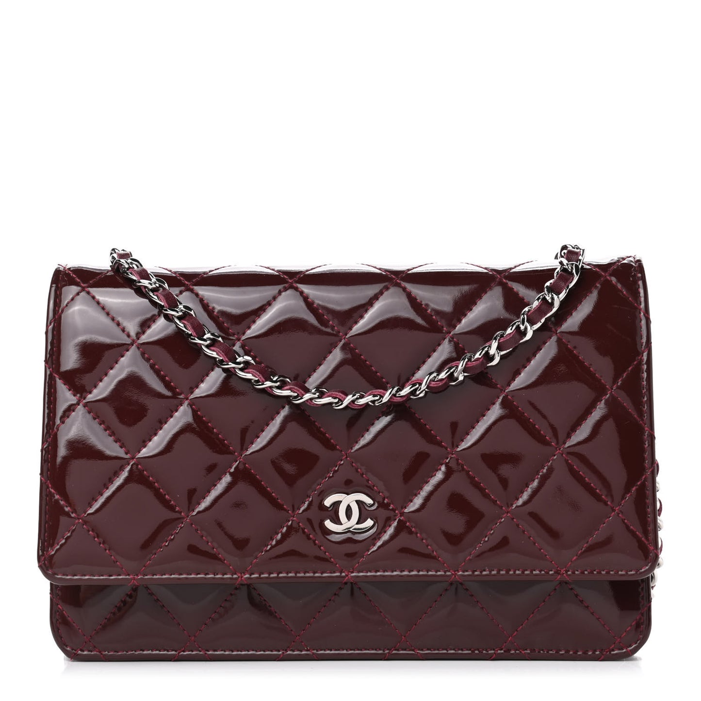 Patent Quilted Wallet On Chain WOC Burgundy