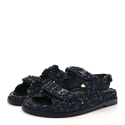 Chanel Iridescent Tweed Velcro Dad Sandals 37 Navy Blue Multicolor 3 of 9