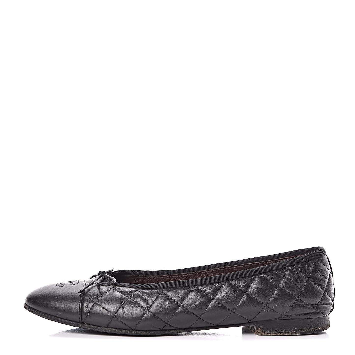 Aged Calfskin Quilted Cap Toe Ballerina Flats 40 Black