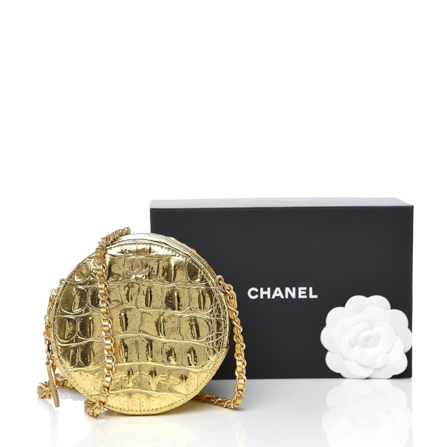Metallic Calfskin Crocodile Embossed Cocodile Round Clutch with Chain Gold