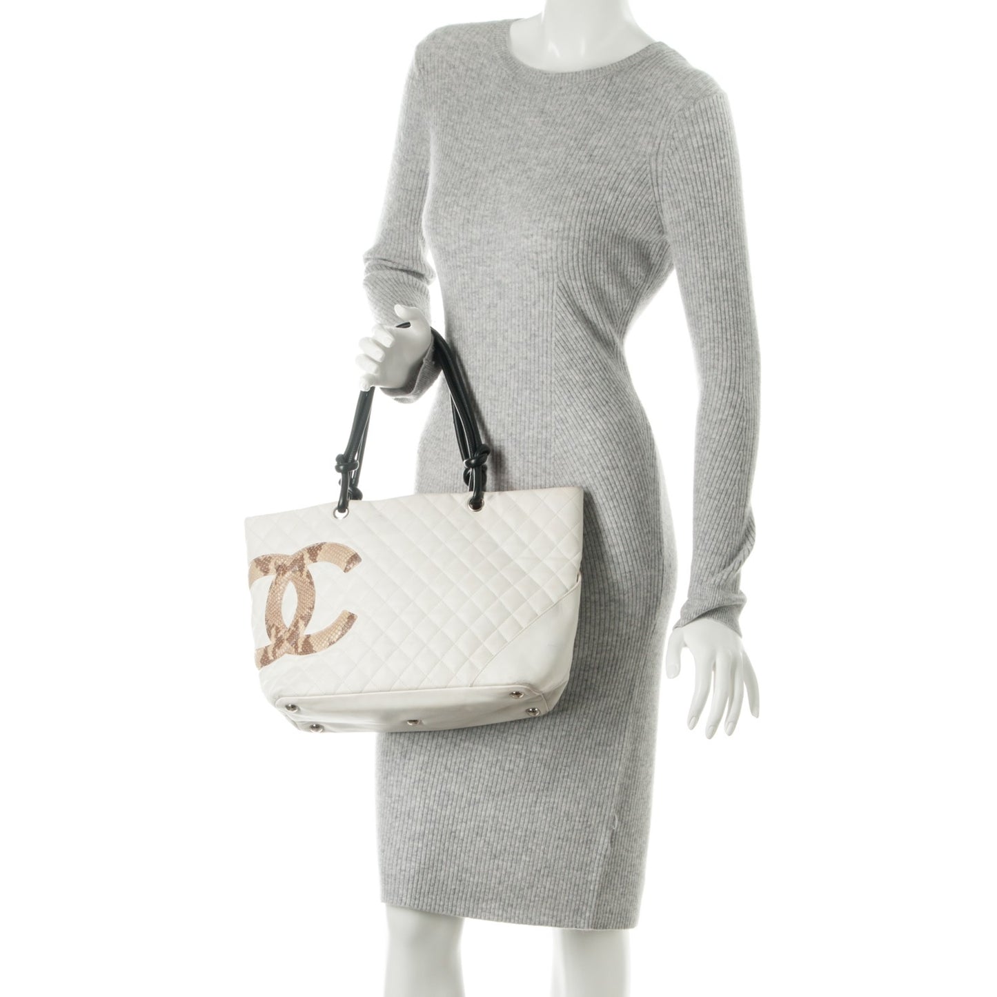 Calfskin Quilted Python Large Cambon Tote White