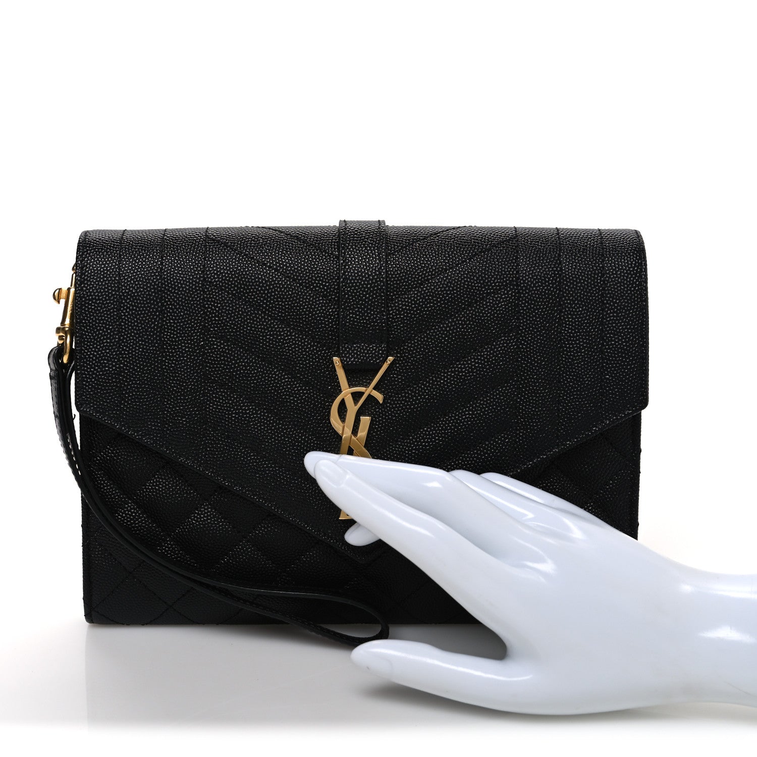 Saint Laurent Grain De Poudre Textured Mixed Matelasse Triquilt Monogram Clutch Black 2 of 10
