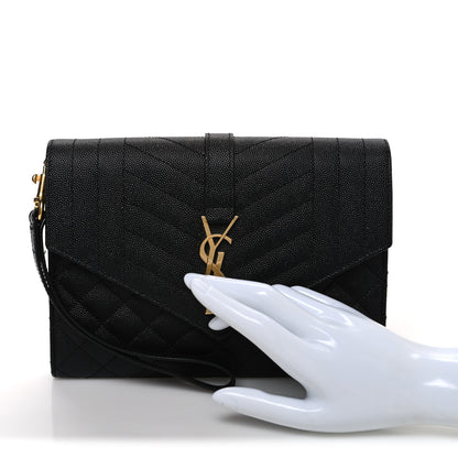 Saint Laurent Grain De Poudre Textured Mixed Matelasse Triquilt Monogram Clutch Black 2 of 10