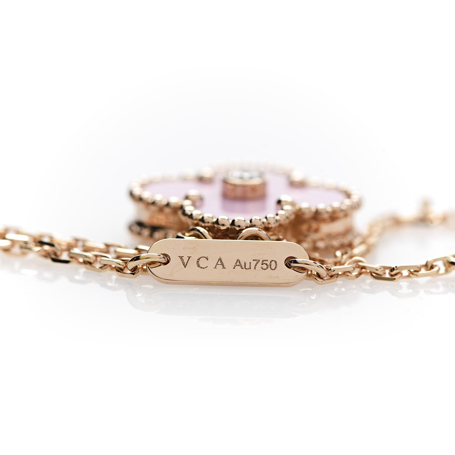 Van Cleef & Arpels 18K Rose Gold Diamond Pink Porcelain Vintage Alhambra Pendant Necklace 6 of 7