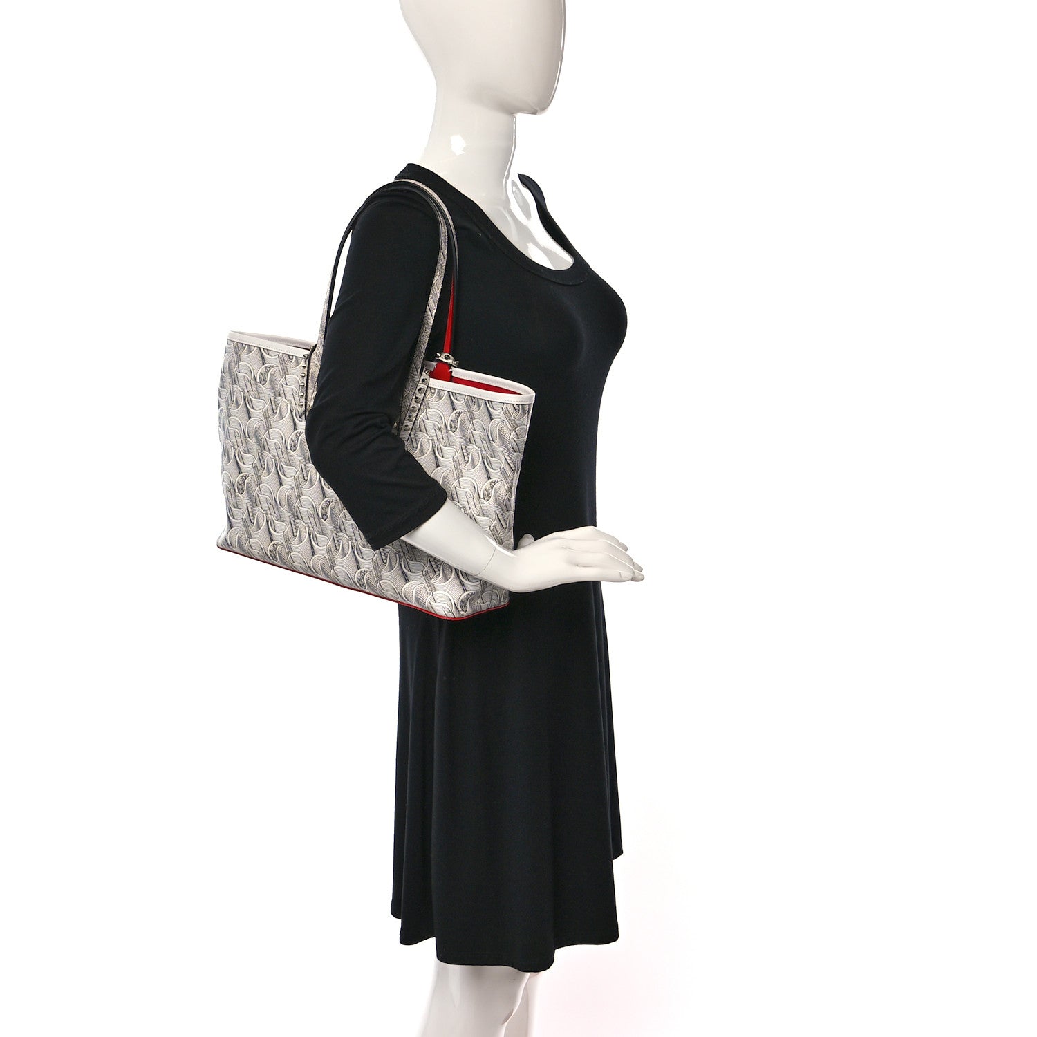 Christian Louboutin Toile Monogram Calfskin Printed Spikes Small East West Cabata Tote White Black White Black 3 of 10