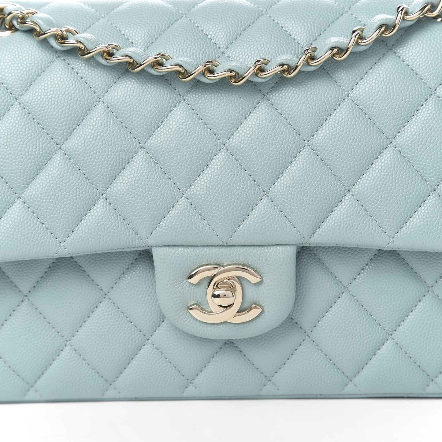 Caviar Quilted Medium Double Flap Light Blue