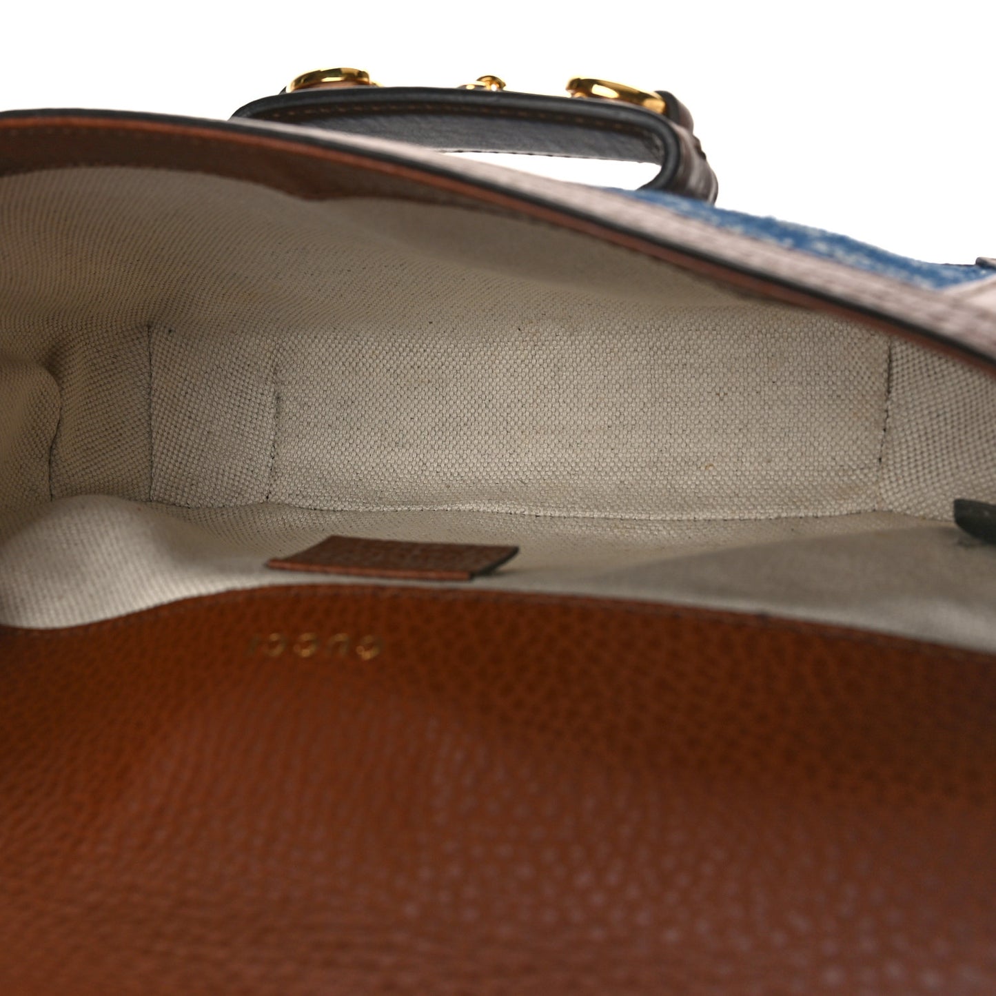 New Denim GG Monogram Dollar Calfskin Web Mini Horsebit 1955 Shoulder Bag Blue Tea Cuir Epilog