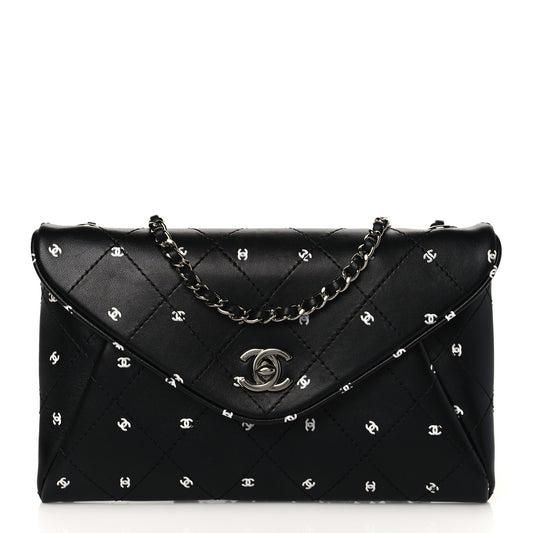 Printed Lambskin Logo CC Envelope Clutch With Chain Black White
