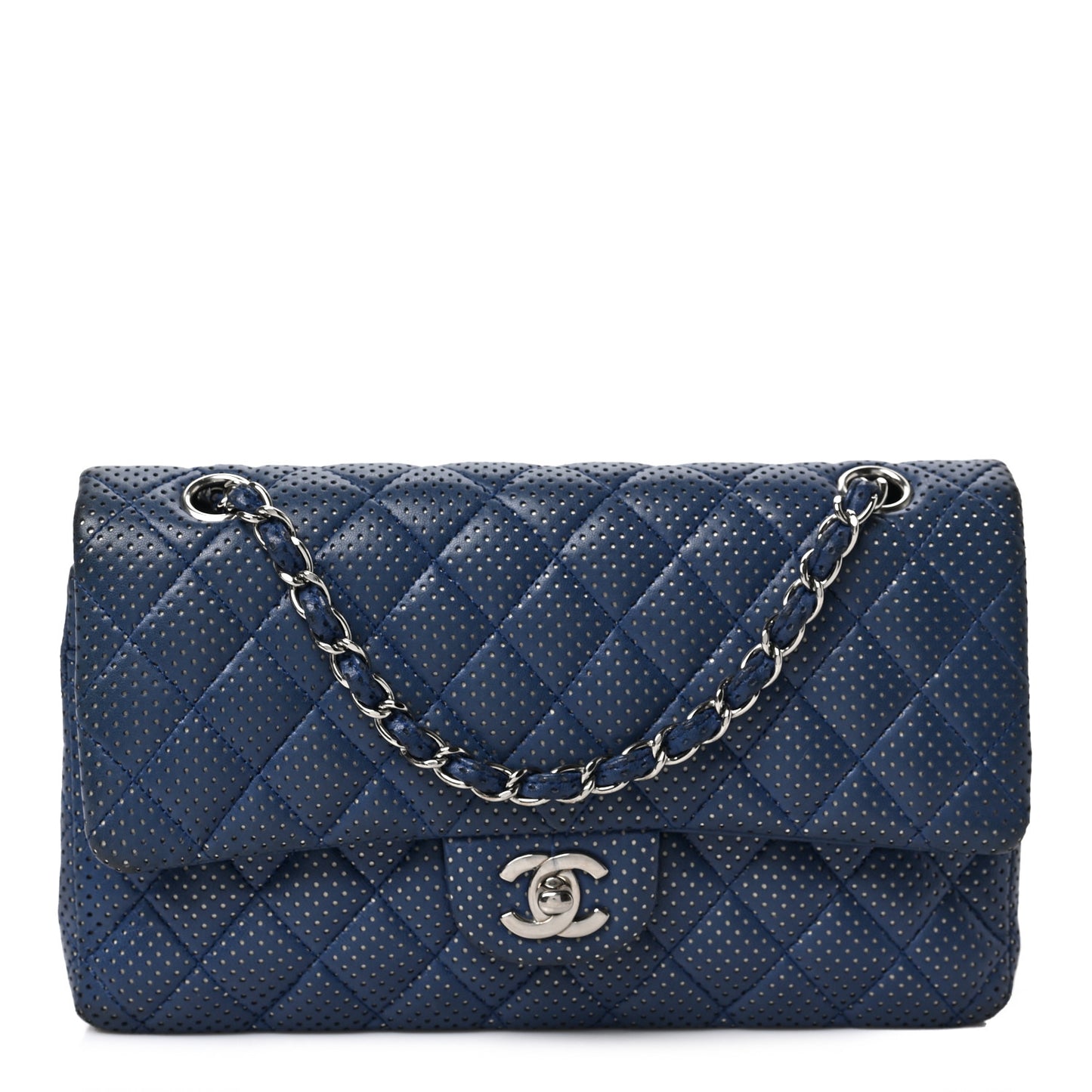 Lambskin Perforated Medium Double Flap Blue